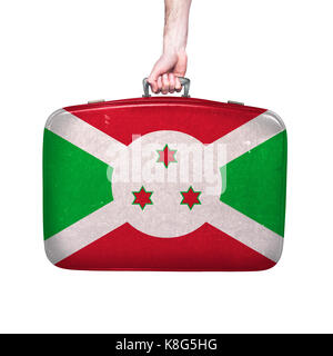 Burundi Flagge auf einem Vintage Leder Koffer. Stockfoto