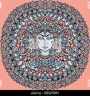 Abstrakte mandala Ornament. Asiatische Muster. Authentischen Hintergrund. Vector Illustration. Blau Kali Gesicht. Stock Vektor