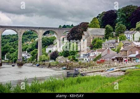 Eine Landschaft von den großen Stein gewölbt Calstock Viadukt der Tamar River Crossing auf das Meer. Eine grüne Bank von Gras führt Sie in Calstock Dorf. Stockfoto