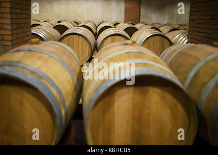 Reihen von Holzfässer im Weinkeller Stockfoto