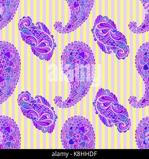 Schönen violetten Paisley auf Kontrast Hintergrund mit Streifen nahtlose Hintergrund Stock Vektor