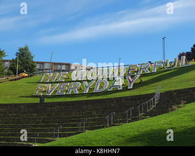 Ikea-Slogan "Die wunderbare Alltag' buchstabiert mit Topfpflanzen und Blumen Teil der fördernden Antrieb für neue Sheffield Store Opening Am 28. September Stockfoto