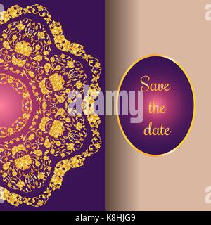 Florale Einladungskarte mit Antiken, Luxus gold vintage Ornament auf Violett verlaufshintergrund eingerichtet, viktorianischen Banner, damast Barock Buch Stock Vektor