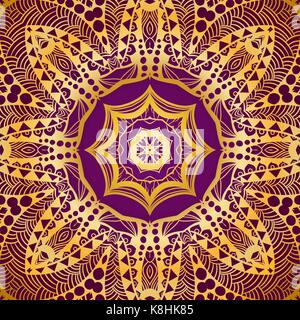 Reiche gold Einladungskarte im indischen Stil. Böhmische Karten mit Mandalas. Königliches Purpur und Gold Ornament. Einzigartige Vorlage für das Design oder Hintergrund Stock Vektor