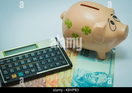 Tolles Konzept der Wirtschaft, Taschenrechner, Sparschwein und brasilianischen Real Geld nimmt. Stockfoto