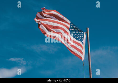 Low Angle View der amerikanischen Flagge gegen den blauen Himmel Stockfoto