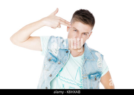 Junger Mann in Jeans isoliert weißer Hintergrund Stockfoto
