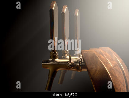 Eine Reihe von Holz und Messing Bier Hähne auf einem isolierten dunklen Moody studio Hintergrund - 3D-Rendering Stockfoto