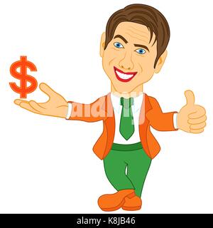 Lächelnd und fröhlicher Mann hält ein Dollarzeichen, konzeptionelle cartoon Vector Illustration Stock Vektor