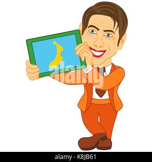 Mann hält und eine konzeptionelle Bild mit Biss der Banane, cartoon Vector Illustration zeigen Stock Vektor