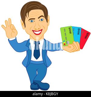Lächelnd und fröhlicher Mann hält drei Kreditkarten und gestikulieren Okay, Konzept cartoon Vector Illustration Stock Vektor