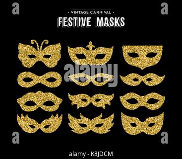 Gold Karneval Masken Vorlage festlegen von Golden glitter Staub. Luxus party kostüm auf weißem Hintergrund. EPS 10 Vektor. Stock Vektor