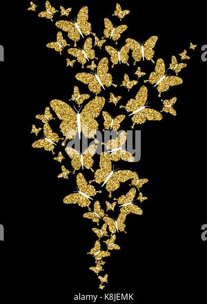 Gold Spring Schmetterlinge fliegen auf leeren Hintergrund, Konzept Abbildung. Schmetterling Gruppe aus Golden glitter Textur. EPS 10 Vektor. Stock Vektor