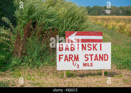 Babinski farm stehen Zeichen auf der Seite der Straße in bridgehampton, NY Stockfoto