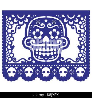 Halloween, Tag der Toten Design mit Schädel-mexikanischen Papel Picado Dekoration mit Blumen und geometrische Formen Stock Vektor