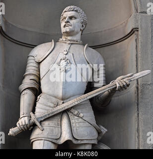 Lodovico de' Medici, Giovanni Dalle Bande Nere, 1498 - 1526, war ein italienischer condottiero. Statue von in den Uffizien in Florenz, Toskana, Italien. von Temistocle Guerrazzi Stockfoto