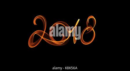 Frohes neues Jahr 2018 Isolierte zahlen Schriftzug mit Feuer Flammen oder Rauch auf schwarzem Hintergrund geschrieben. Stockfoto