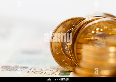 Polnische Banknoten und Münzen fotografiert Nahaufnahme. Gezeigten Details des Geldes mit internationalen Bezeichnung - PLN flache Schärfentiefe, Foto her Stockfoto