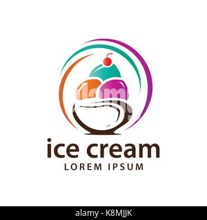 Bunte Eis-Logo, bunte Eis Kugeln in der Schüssel Abbildung, Icon Design, auf weißem Hintergrund. Stock Vektor