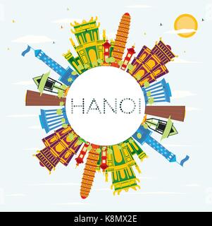 Hanoi Skyline mit Farbe Gebäude, blauer Himmel und Kopieren. Vector Illustration. Business Travel und Tourismus Konzept mit historischer Architektur. Stock Vektor