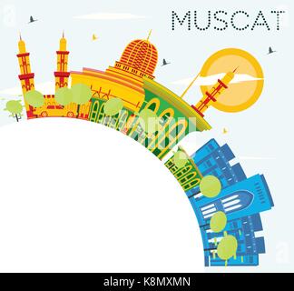 Muscat Skyline mit Farbe Gebäude, blauer Himmel und Kopieren. Vector Illustration. Business Travel und Tourismus Konzept mit historischer Architektur. Stock Vektor