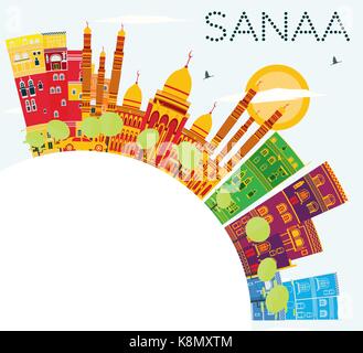 Sanaa (Jemen) Skyline mit Farbe Gebäude, blauer Himmel und Kopieren. Vector Illustration. Business Travel und Tourismus Konzept Stock Vektor