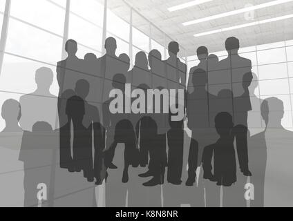 Digital composite von Silhouette der Gruppe der Menschen mit Übergang Hintergrund Stockfoto