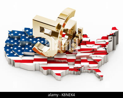 5 G Word stehen auf USA-Karte mit amerikanischer Flagge bedeckt. 3D-Darstellung. Stockfoto