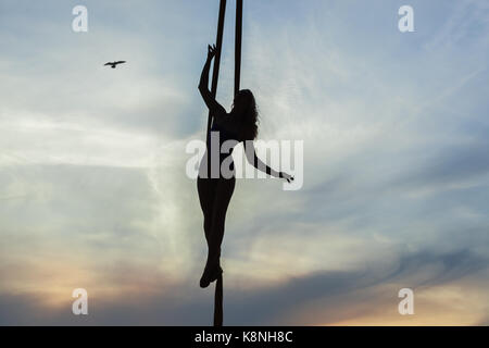 Akrobatik auf Antenne Seide führt die akrobatischen Stunts. Stockfoto