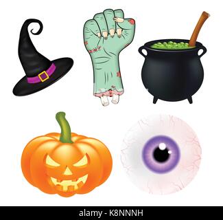 Halloween cartoon Vektor einrichten, Symbole Sammlung. Eingestellt von Vektorobjekten, Kürbisse, Hexenhut Kessel und mehr. Vektor Einrichten von Cute Halloween Elemente Stock Vektor