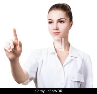 Junger Arzt zeigt mit dem Finger. Stockfoto