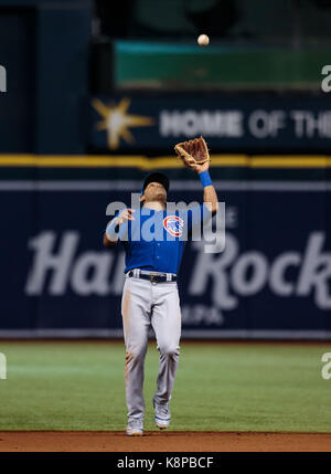 Tropicana Field. 19 Sep, 2017. Florida, USA - Chicago Cubs shortstop Addison Russell (27) Fänge Tampa Bay Rays Lucas Duda (21) Pop up im 8. Inning im Spiel zwischen den Chicago Cubs und die Tampa Bay Rays am Tropicana Feld. Del Mecum/CSM/Alamy leben Nachrichten Stockfoto