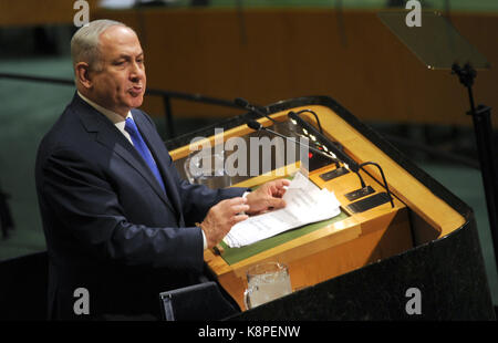 NEW YORK, NY - 19. SEPTEMBER: israelischen Premierminister Benjamin Netanjahu Adressen Führer der Welt auf der 72. Generalversammlung der Vereinten Nationen am UN-Hauptquartier in New York am 19. September 2017. Crredit: Dennis Van Tine/MediaPunch Stockfoto