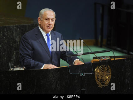 NEW YORK, NY - 19. SEPTEMBER: israelischen Premierminister Benjamin Netanjahu Adressen Führer der Welt auf der 72. Generalversammlung der Vereinten Nationen am UN-Hauptquartier in New York am 19. September 2017. Crredit: Dennis Van Tine/MediaPunch Stockfoto
