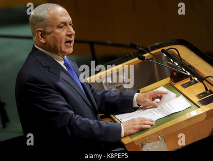 NEW YORK, NY - 19. SEPTEMBER: israelischen Premierminister Benjamin Netanjahu Adressen Führer der Welt auf der 72. Generalversammlung der Vereinten Nationen am UN-Hauptquartier in New York am 19. September 2017. Crredit: Dennis Van Tine/MediaPunch Stockfoto