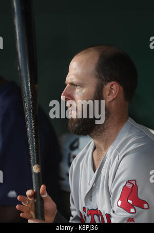 Baltimore, USA. 20 Sep, 2017. Boston Red Sox2B Dustin Pedroia (15) im dugout vor Beginn eines Spiels gegen die Baltimore Orioles, Oriole Park in Camden Yards, Baltimore, MD, am 20. September 2017. Credit: Cal Sport Media/Alamy leben Nachrichten Stockfoto