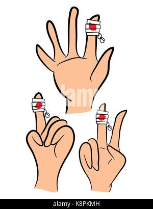 Satz von verletzten Finger, Hand in Verband mit roten Blut Pfütze gewickelt. Vector Illustration auf weißem Hintergrund. Stock Vektor