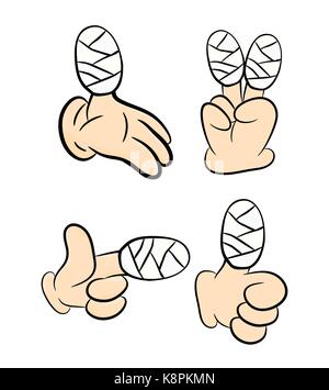 Symbol für Verbandszeug für Handverletzungen. Cartoon von Hand
