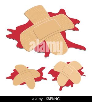 Der selbstklebende, flexible Gewebe Putz mit roten Blutkörperchen Pfütze. Medizinische Bandagen in verschiedenen Formen, gebogene Kreuz. Vector Illustration isoliert auf w Stock Vektor