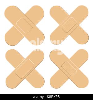 Der selbstklebende, flexible, Stoff Gips. Medizinische Bandagen in verschiedenen Formen - Straigh Kreuz. Vector Illustration auf weißem Hintergrund. Stock Vektor