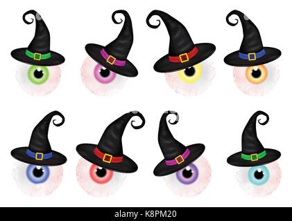 Satz von Halloween gespenstisch, unheimlich, realistische menschlichen Augapfel mit bunten Pupille, Iris in Hexenhut. Vector Illustration isoliert auf weißem Hintergrund. Stock Vektor
