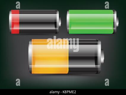 Vektor-Set transparent Batterie Illustration. Grün, orange und rote Batterie auf dunklem Hintergrund Stock Vektor