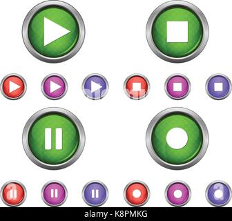Satz von isolierten glänzend Vektor-Web-Schaltflächen. Schöne Internet-Tasten isoliert auf weißem Hintergrund. Spielen Sie, pausieren Sie, aufnehmen Sie. Stock Vektor