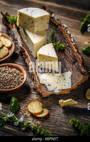 Stillleben mit Käse auf einer Rinde mit Kümmel Stockfoto