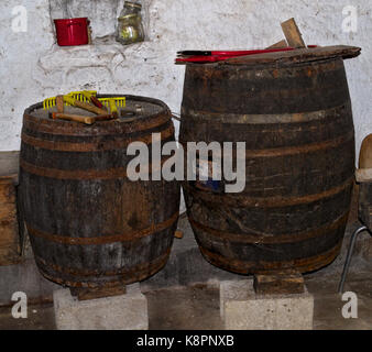 Alter Wein Fässer im Keller Stockfoto