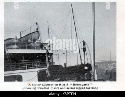 Ein Motor-Rettungsboot & Ruderboot auf dem Deck des RMS Berengaria. Der Cunard-Liner Berengaria (ehemals SS Imperator) war das größte Passagierschiff der Welt.- Zwischen 1934 und 1938 fuhr das Schiff über Cherbourg auf der Strecke Southampton nach New York. Während der Jahre des US-Verbots wurde Berengaria für ermäßigte Prohibition-Dodging-Kreuzfahrten verwendet, die den Spitznamen „Schnäppchen-Gebiet“ zogen. Stockfoto