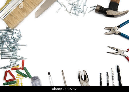 Grenze der Construction Tools auf weißem Hintergrund. Kopieren Sie Platz im Innern. Stockfoto