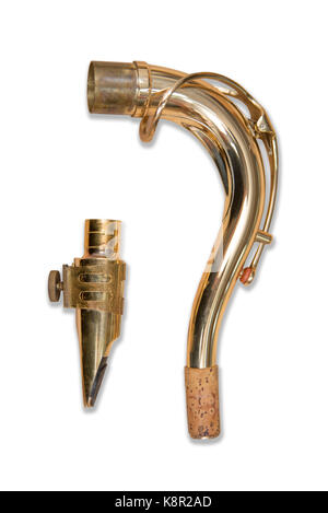 Tenor Saxophon Mundstück auf einem weißen Hintergrund. Stockfoto