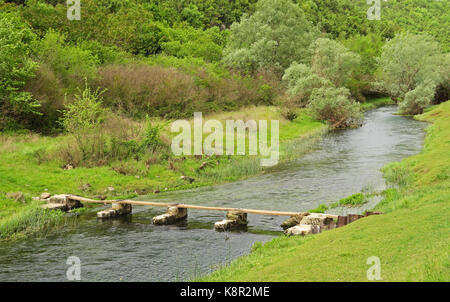 Blick über Stream mit alte steinerne Brücke Hutovo Blato, Herzegowina, Bosnien und Herzegowina April Stockfoto