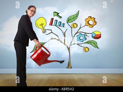 Digital composite von Frau mit Gießkanne und Zeichnung der Business Graphics auf die Zweige an der Wand Stockfoto